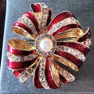 Vintage Red Enamel Gold Tone CZ and Faux Pearl Valentine's Ribbon Bow Brooch Pin